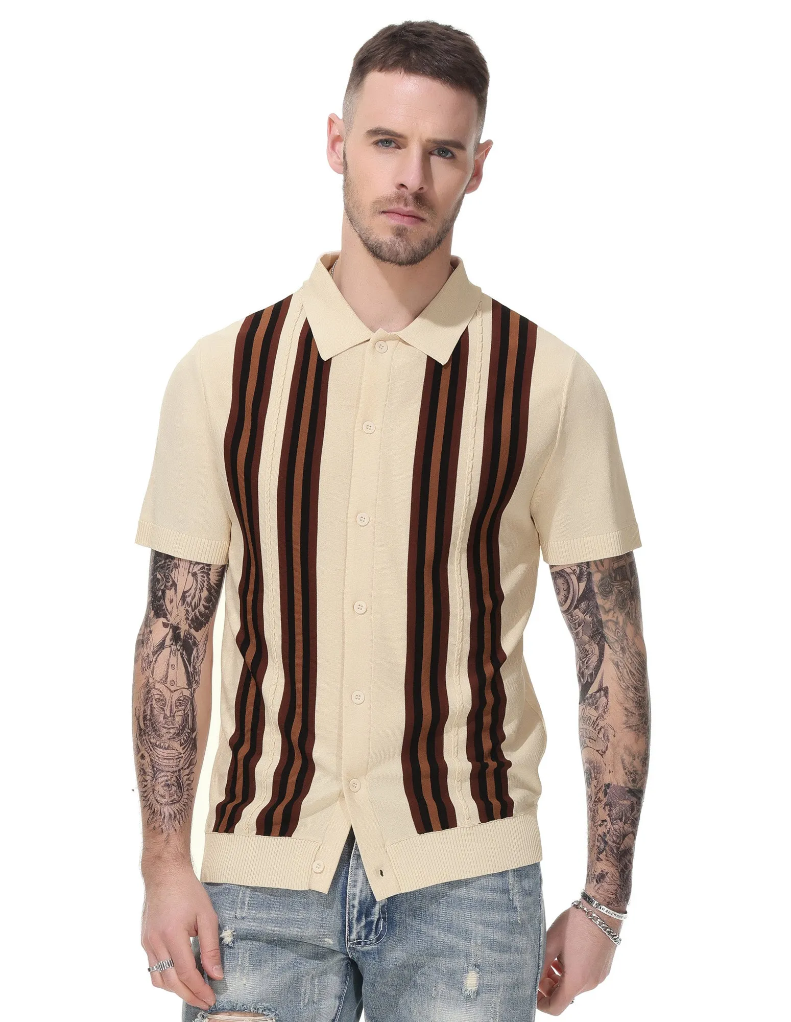 Mens Polo Shirts Vintage Striped Button Down Knitted Golf Cardigans Shirts