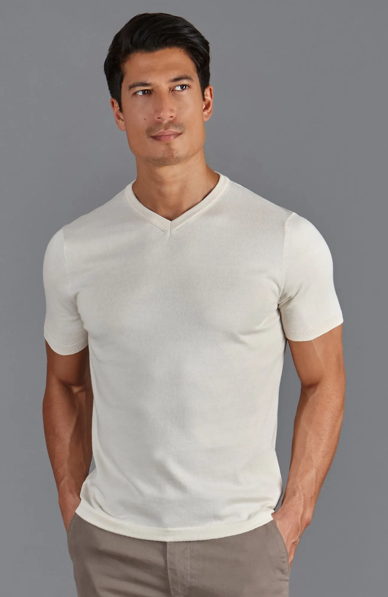 Mens Ultra Fine Cotton High V Neck Knitted T-Shirt