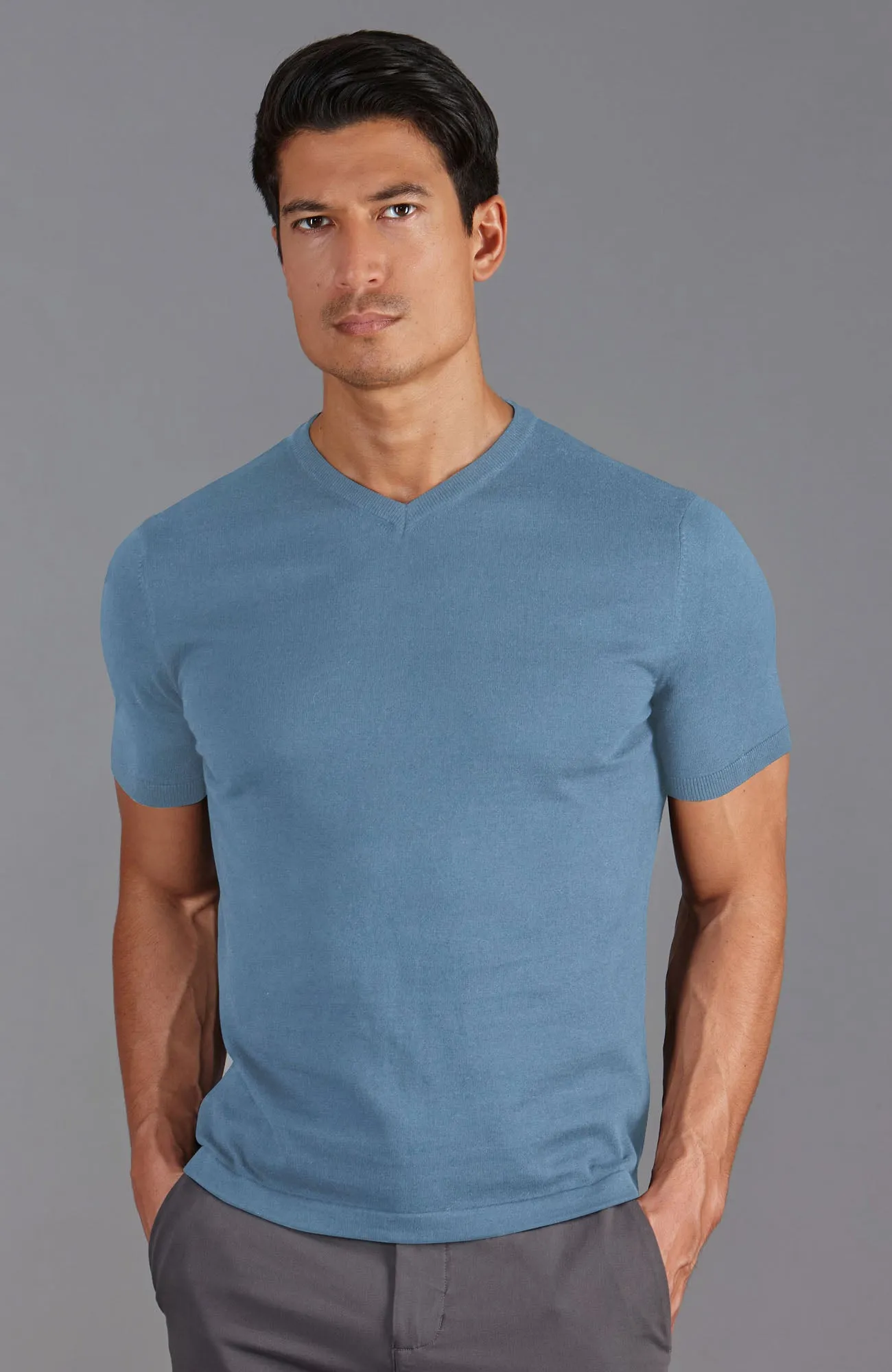 Mens Ultra Fine Cotton High V Neck Knitted T-Shirt