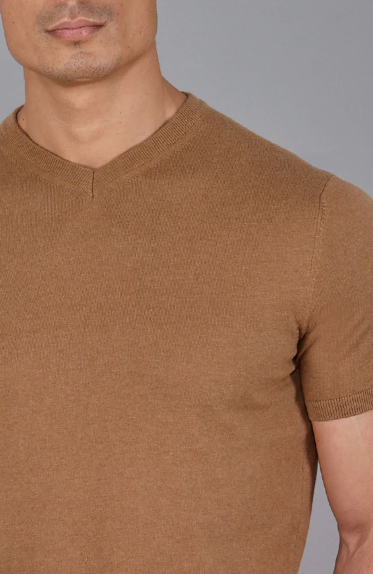 Mens Ultra Fine Cotton High V Neck Knitted T-Shirt