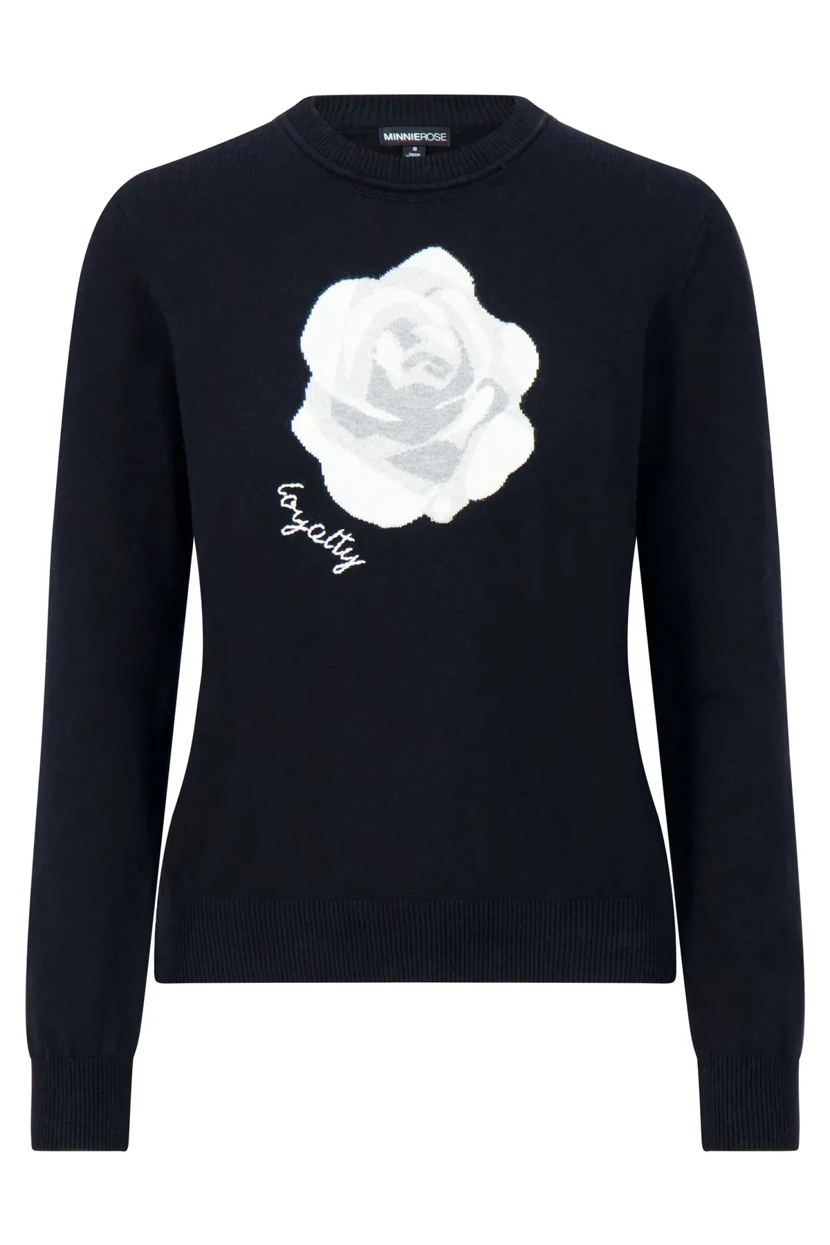 Minnie Rose Cashmere Rose Intarsia Crew with Embroidery