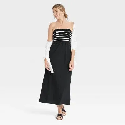 New - Women's Strapless Midi Sweater Dress - Universal Thread Black Striped M