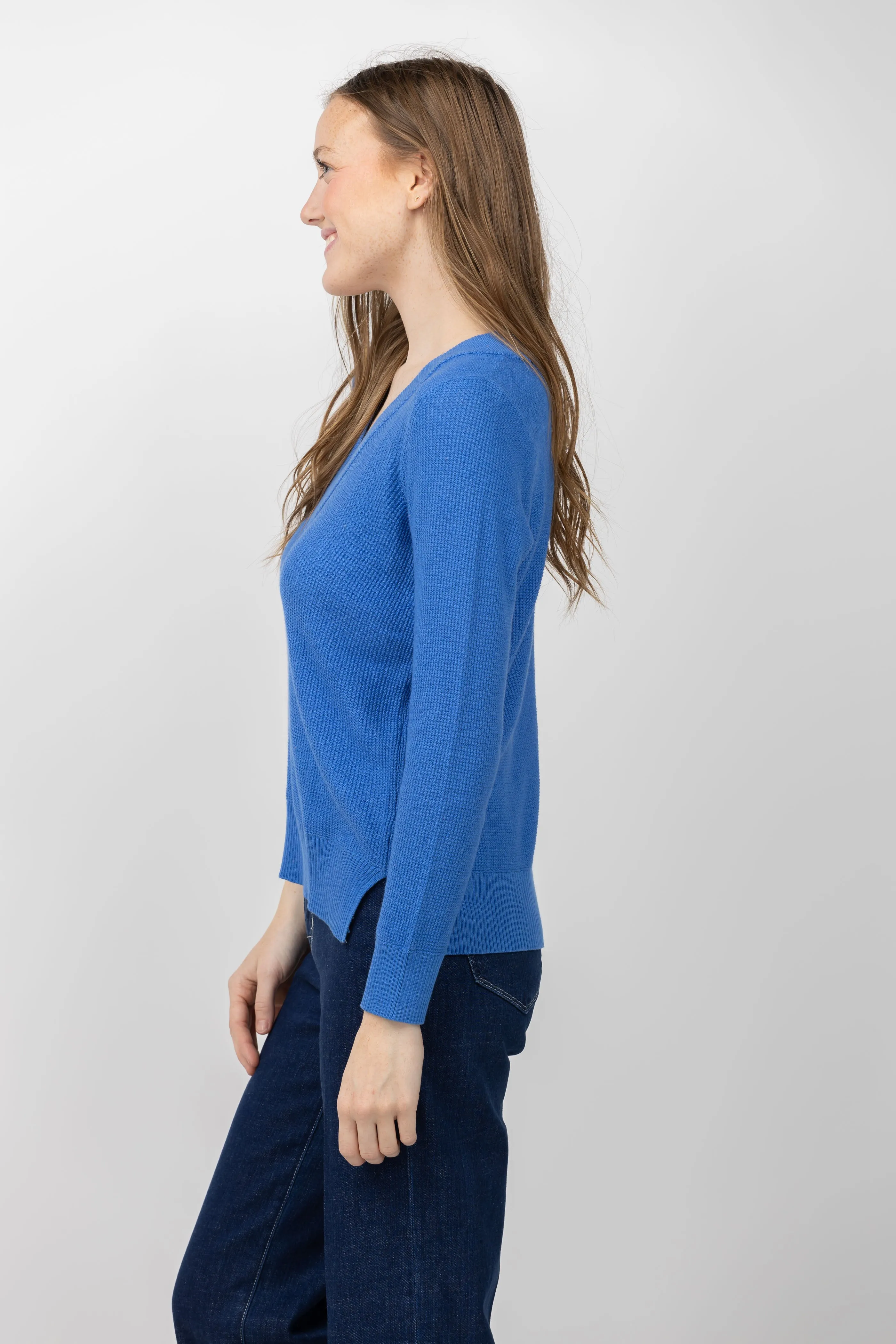 Nic   Zoe Waffle V-Neck Sweater in Sapphire