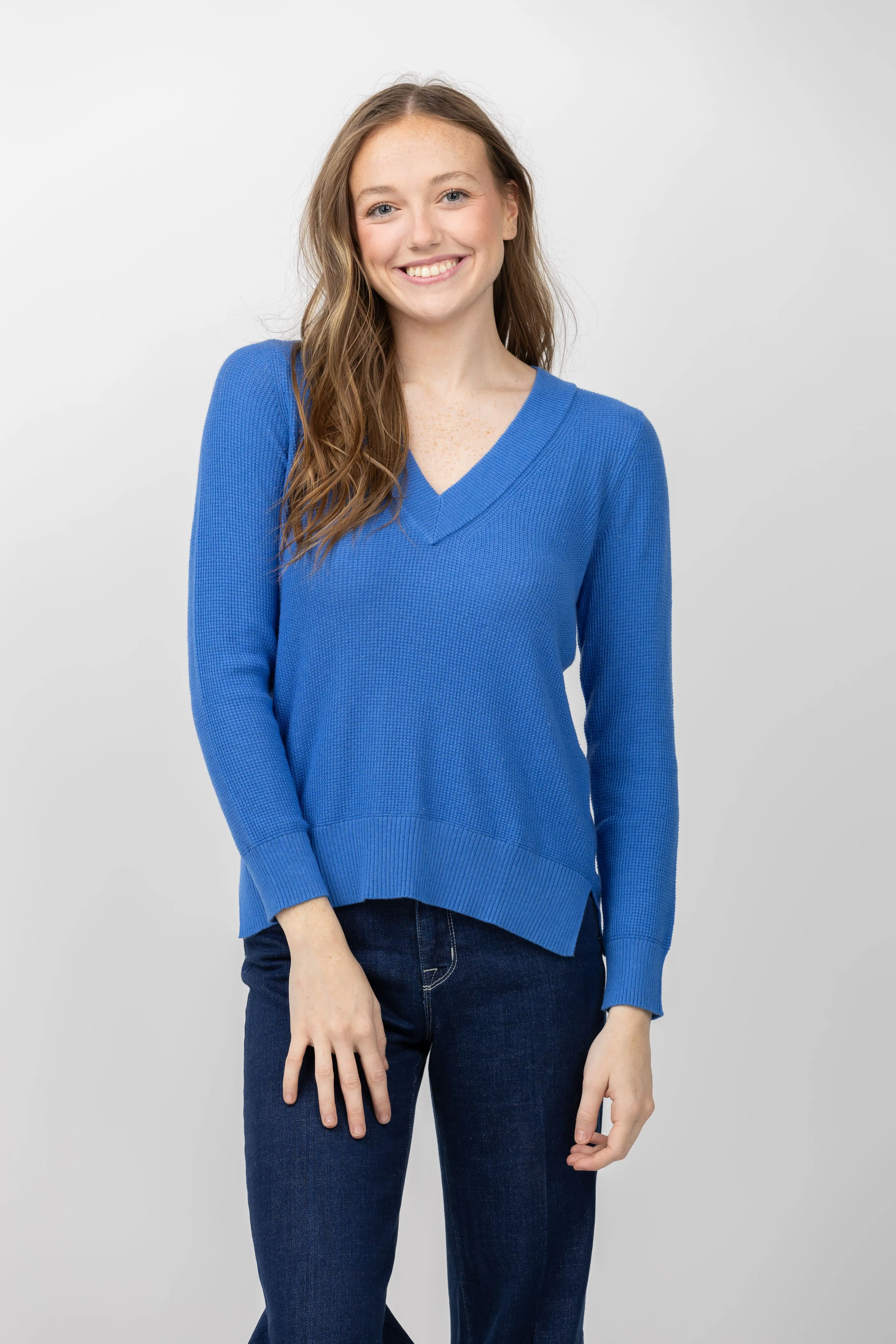 Nic   Zoe Waffle V-Neck Sweater in Sapphire