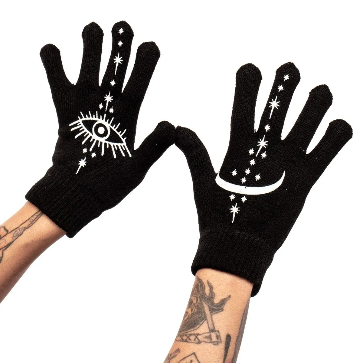 Occult Eye and Moon Winter Knit Gloves