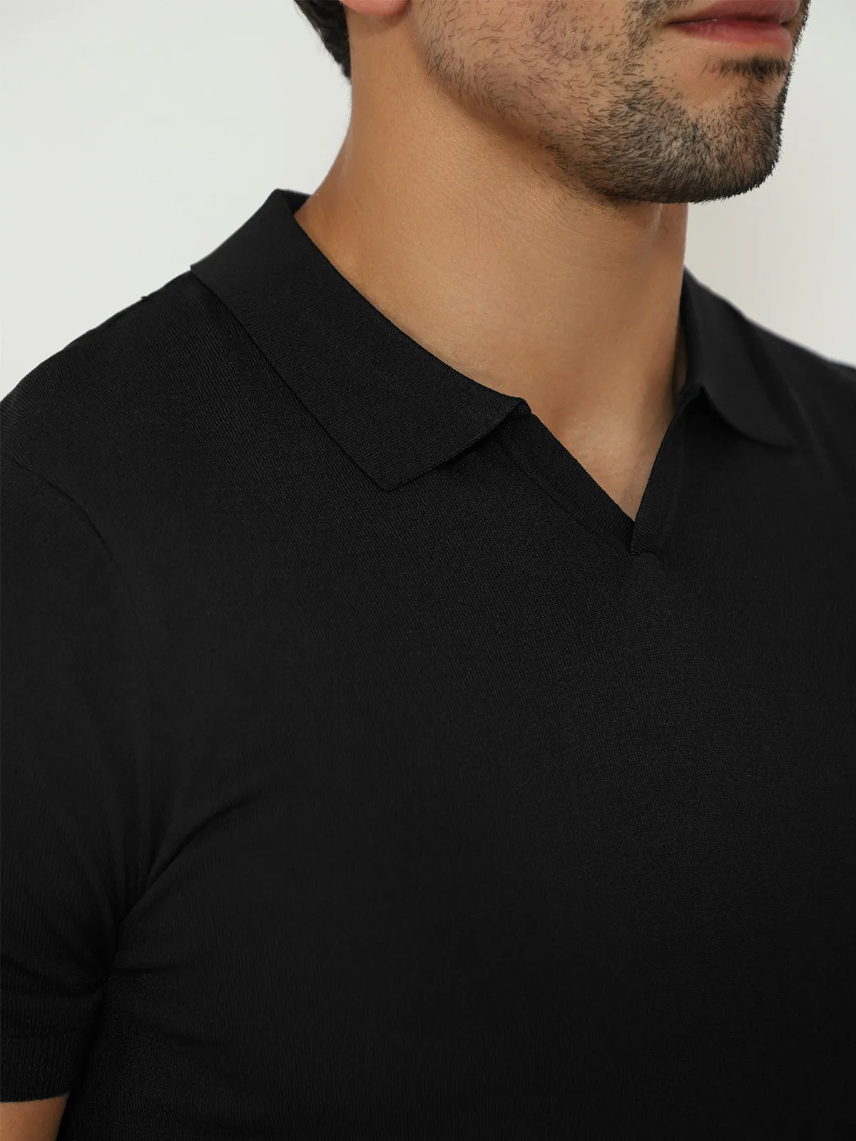 Open Collar Knit Polo Black