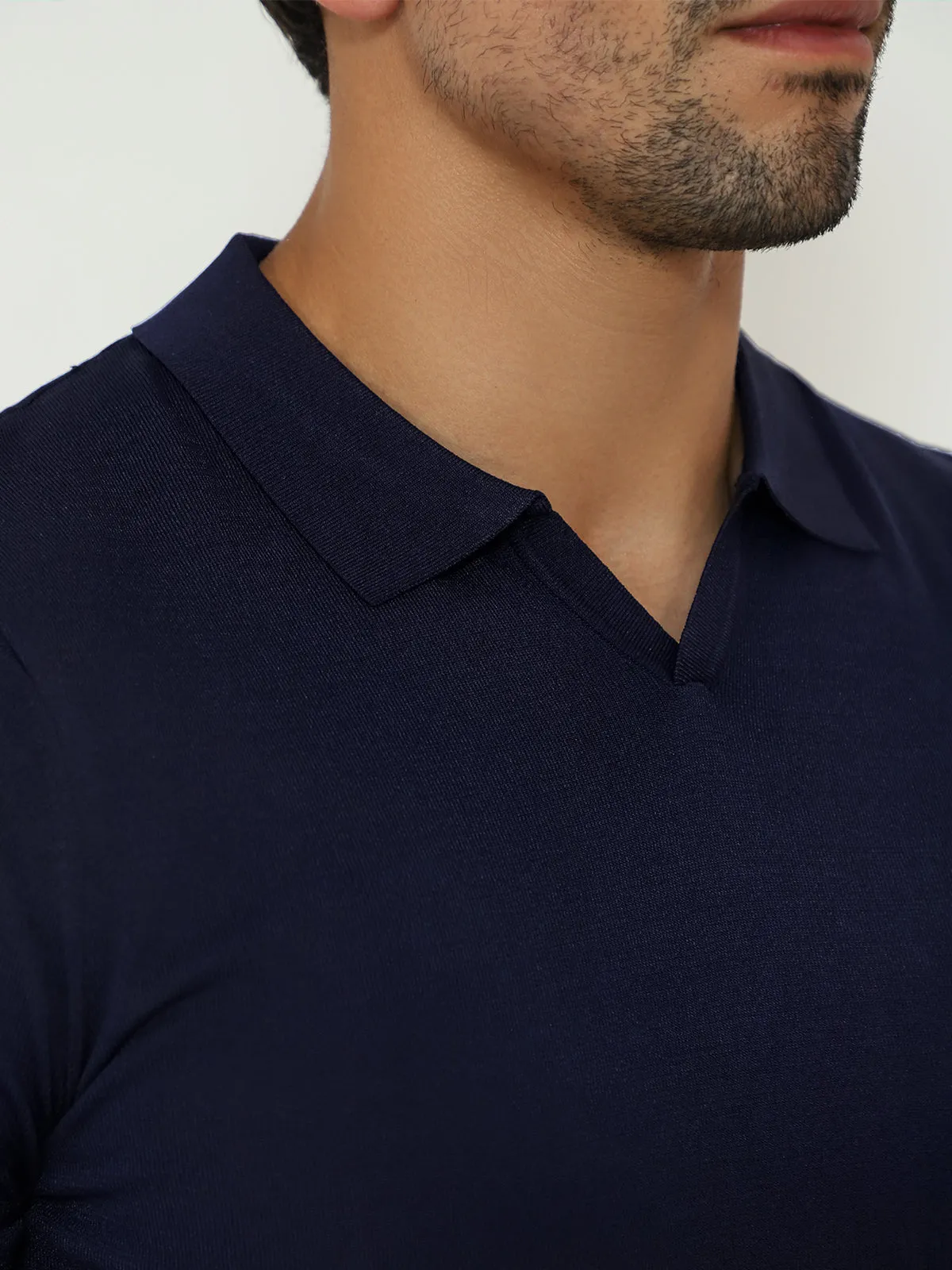 Open Collar Knit Polo Navy