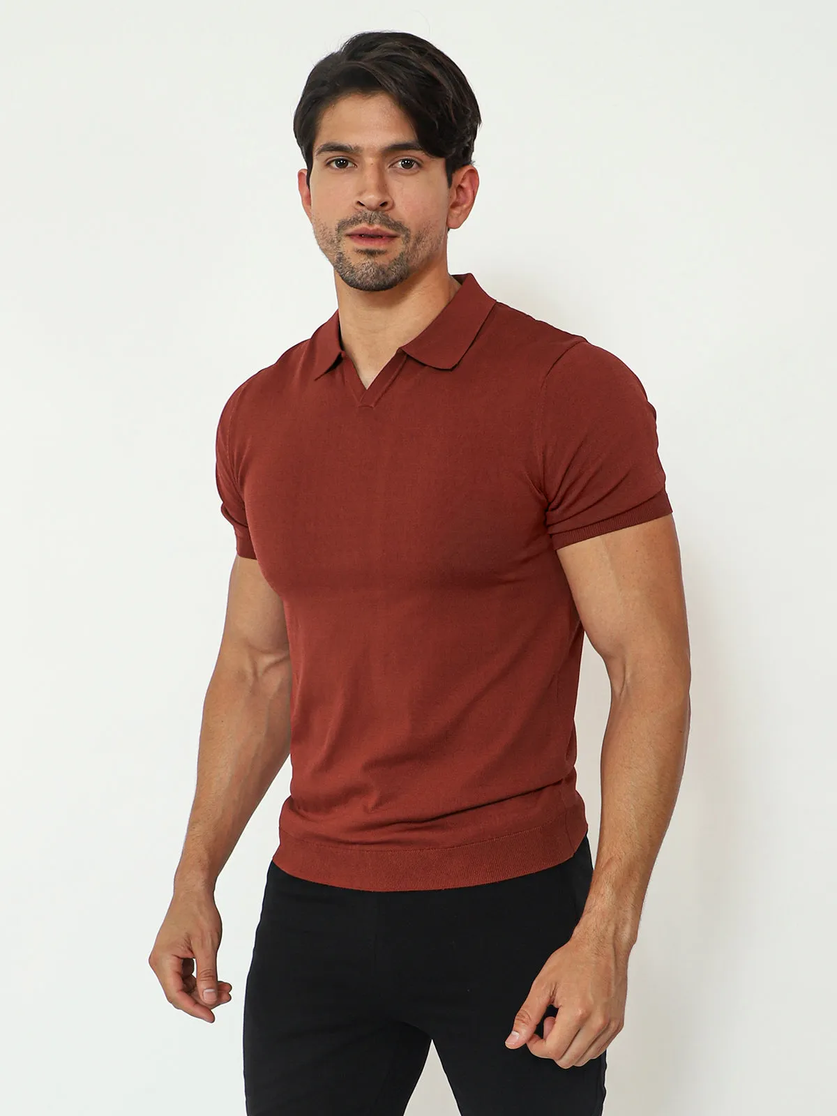 Open Collar Knit Polo Red Earth