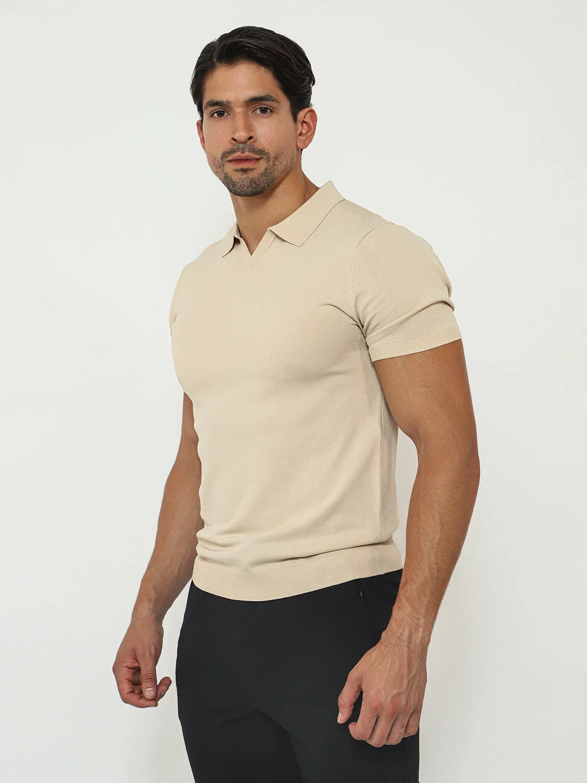 Open Collar Knit Polo Sand