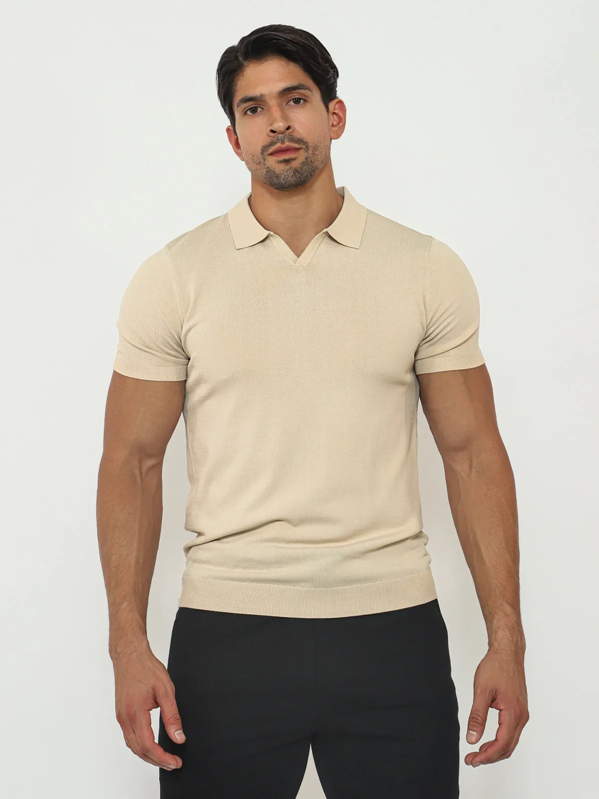 Open Collar Knit Polo Sand