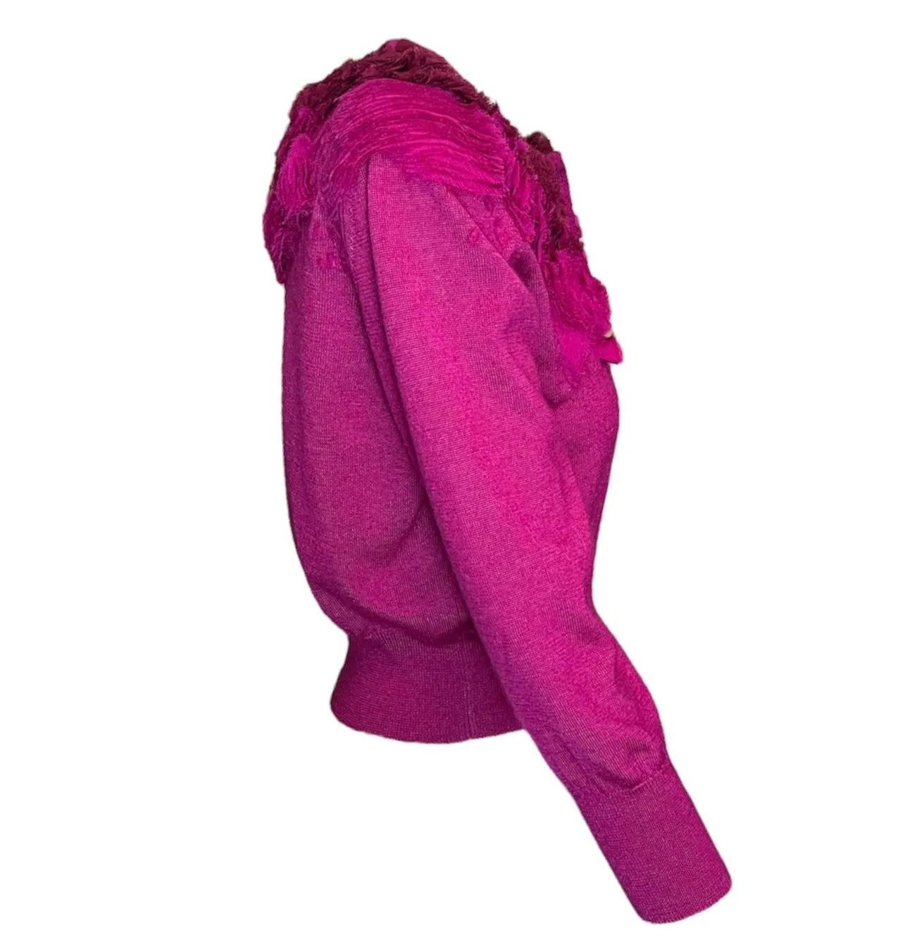 Oscar De La Renta Magenta Cashmere Sweater w/Abstract Ruffle Collar