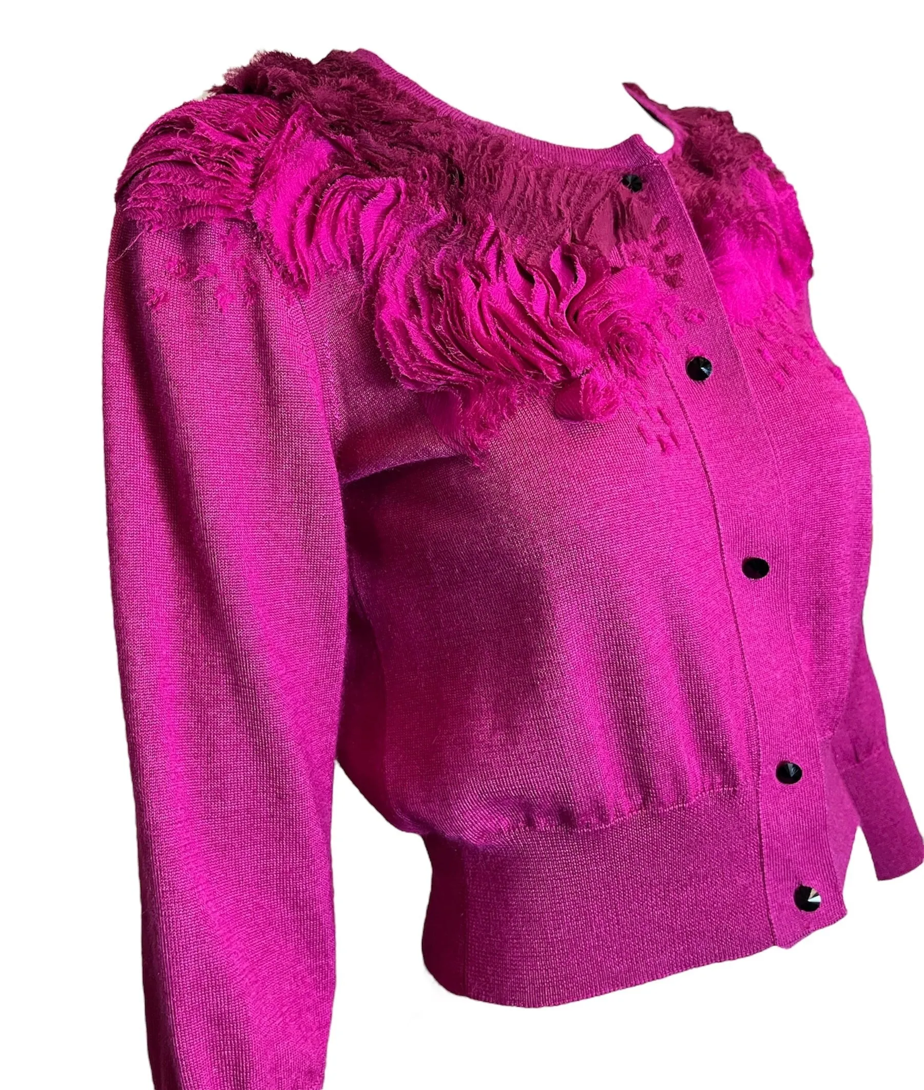 Oscar De La Renta Magenta Cashmere Sweater w/Abstract Ruffle Collar