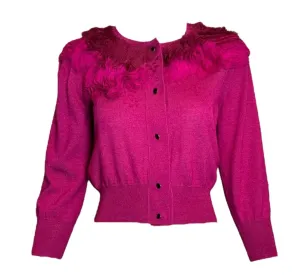 Oscar De La Renta Magenta Cashmere Sweater w/Abstract Ruffle Collar