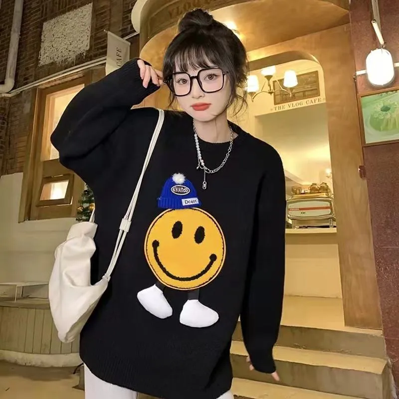 Patchwork Smiling Face Casual Loose Fit Sweater