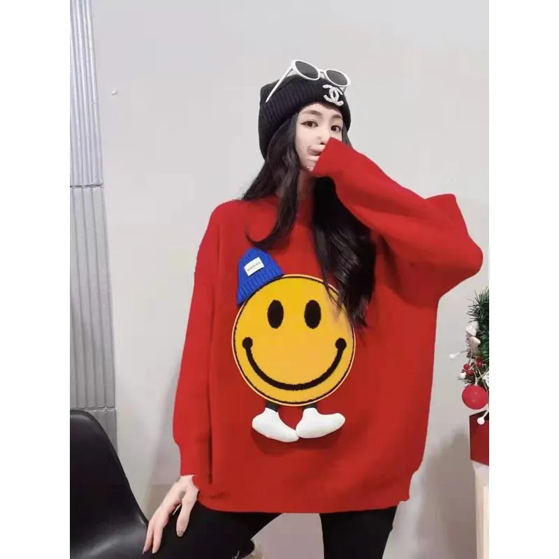 Patchwork Smiling Face Casual Loose Fit Sweater