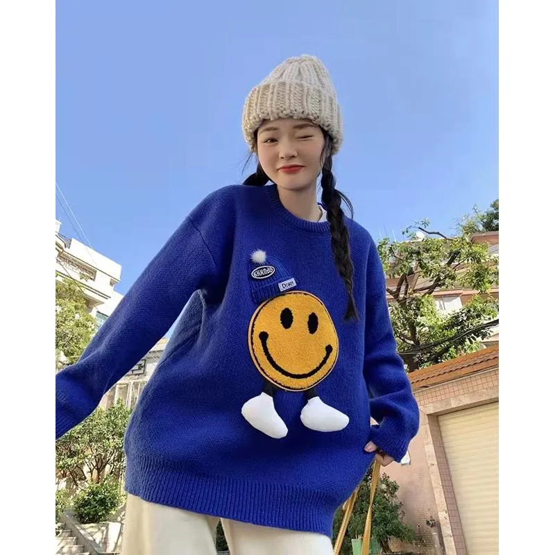 Patchwork Smiling Face Casual Loose Fit Sweater