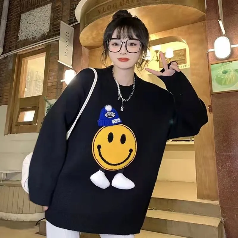 Patchwork Smiling Face Casual Loose Fit Sweater