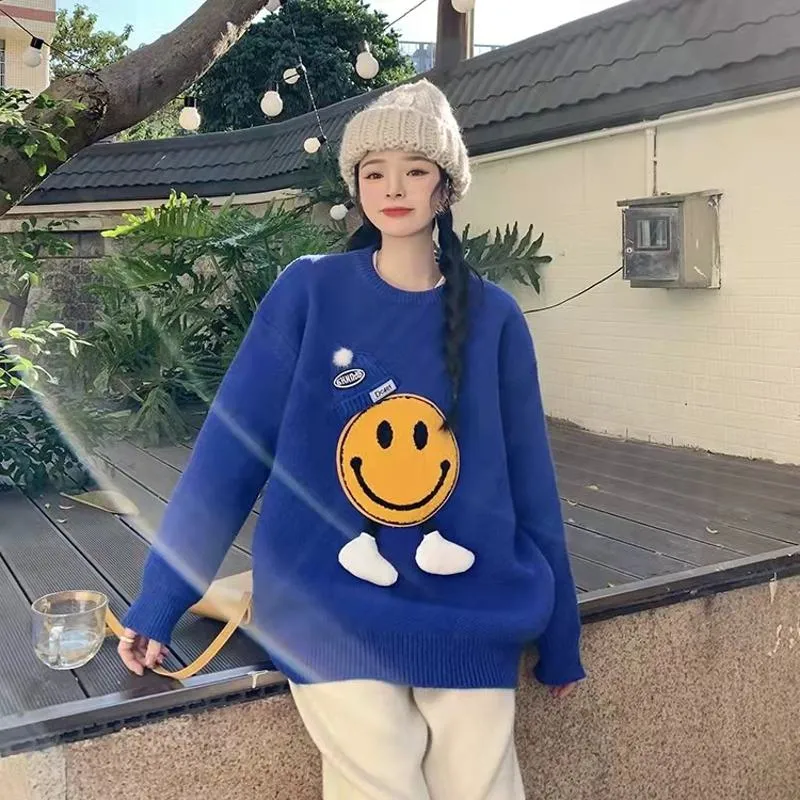 Patchwork Smiling Face Casual Loose Fit Sweater