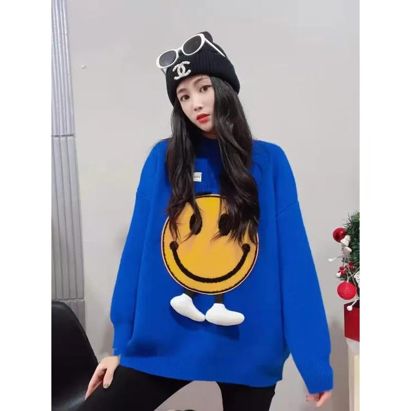 Patchwork Smiling Face Casual Loose Fit Sweater