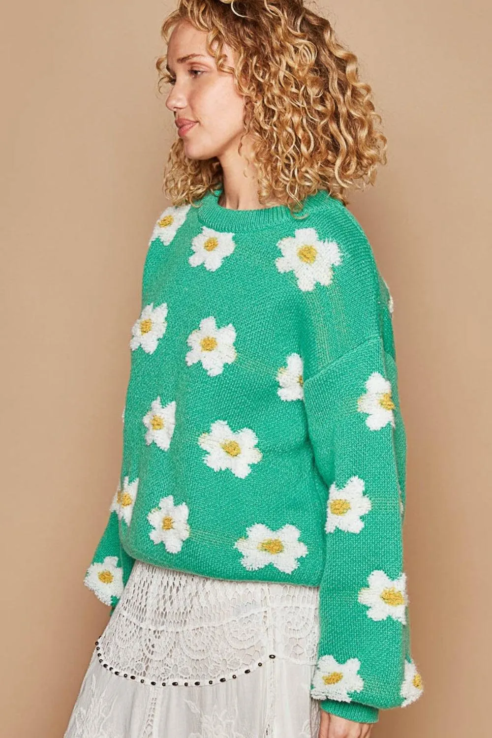 POL Sweater Green Daisy Flower Pattern Drop Shoulder Knitwear