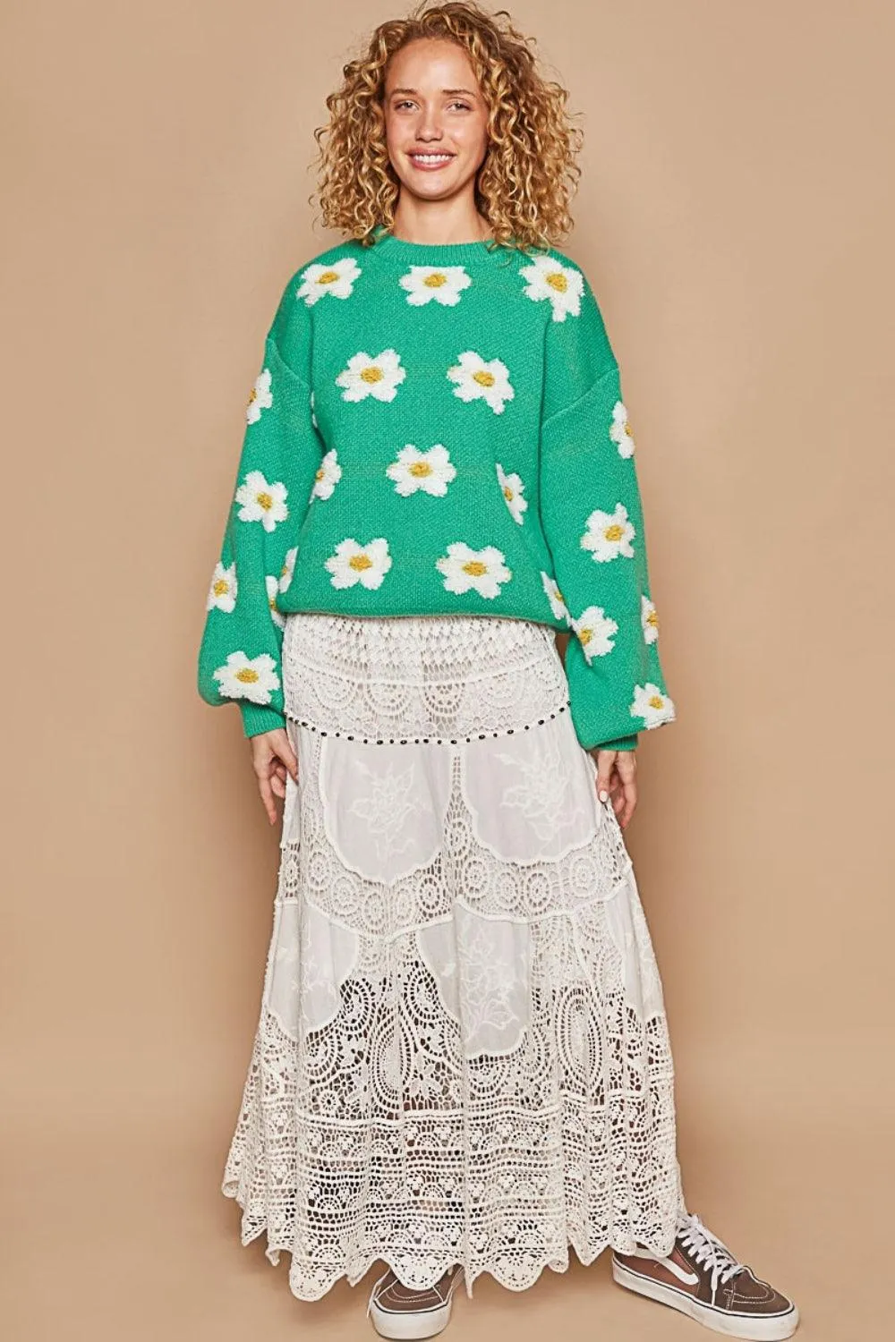 POL Sweater Green Daisy Flower Pattern Drop Shoulder Knitwear