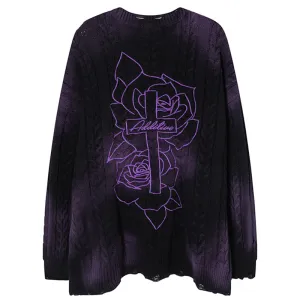 PopFlying Tie Dye Distressed Knit Sweater Rose Cross