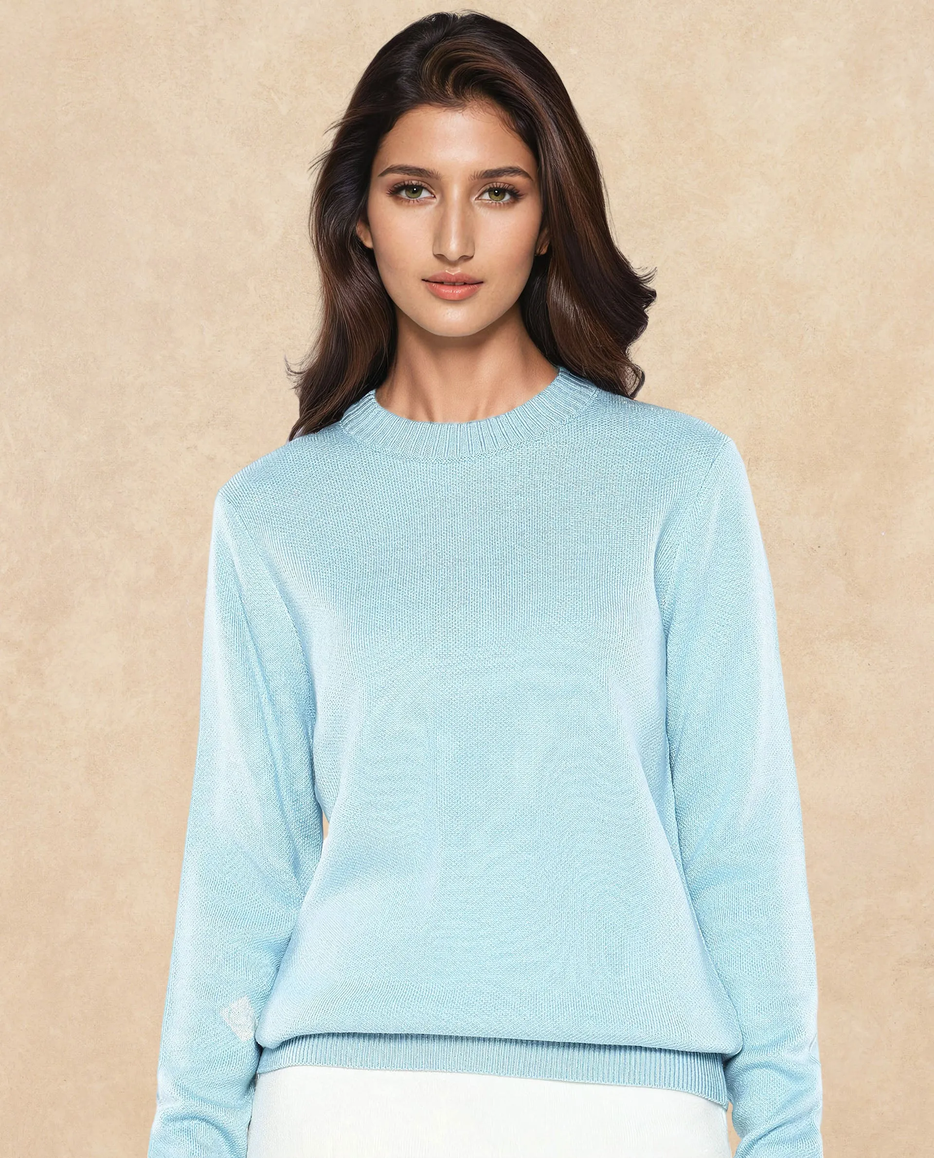 Rareism Women Ruto Light Blue Relaxed Fit Printed Sweater