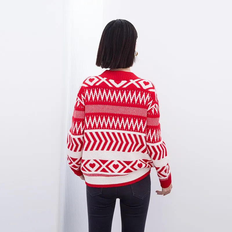 Red & White Jacquard-knit Christmas Wool Sweater