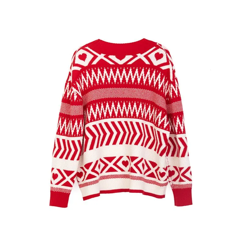 Red & White Jacquard-knit Christmas Wool Sweater