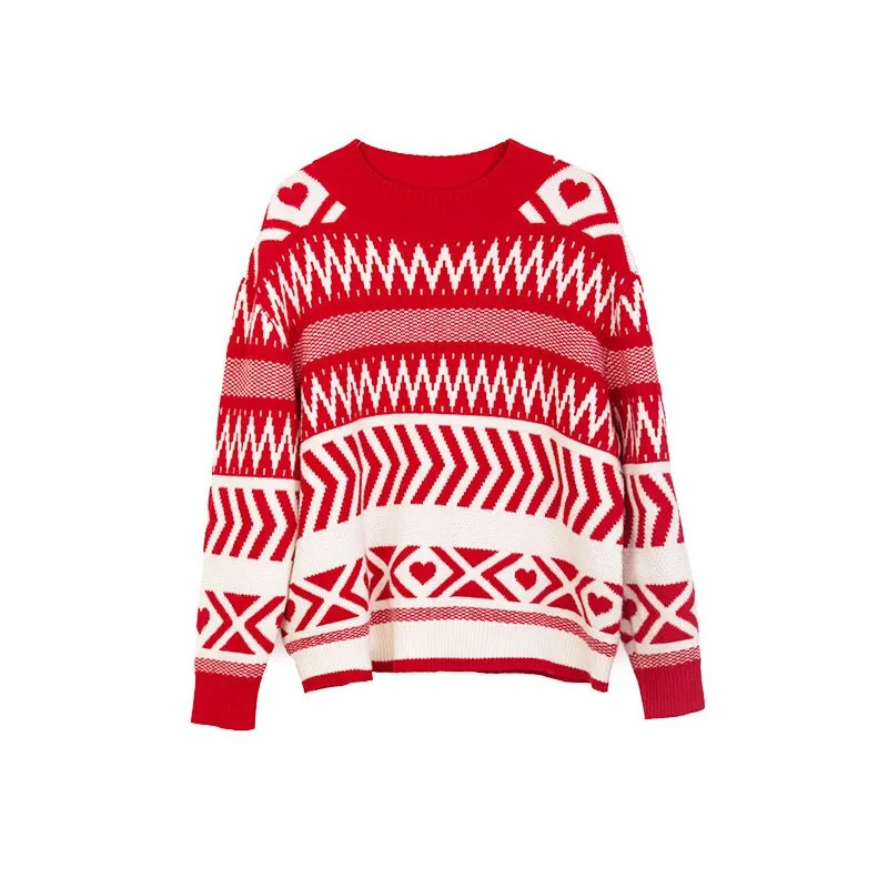 Red & White Jacquard-knit Christmas Wool Sweater