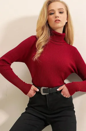 Red Turtleneck Knitwear Sweater for Women