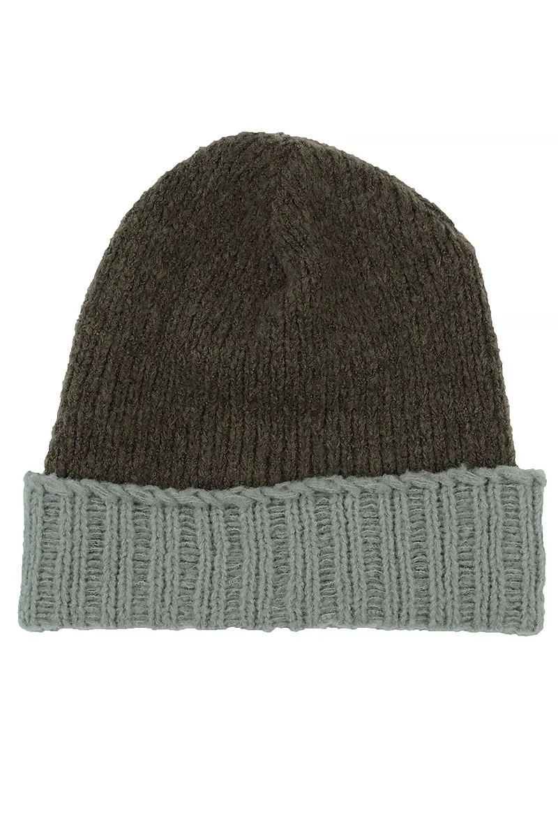 Ribbed Dual Khaki Wool Beanie Hat