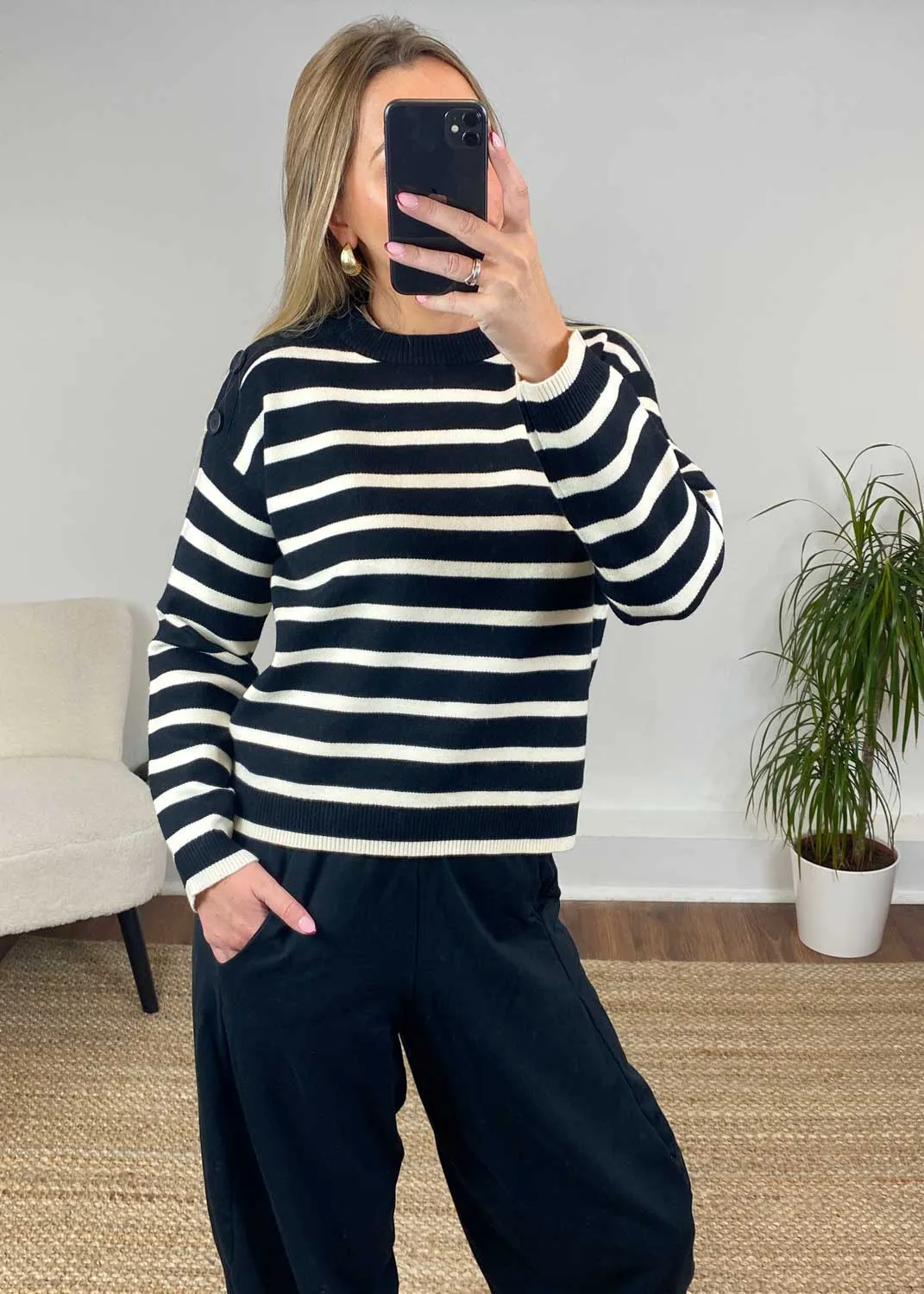 Saba Stripe Button Jumper in Black