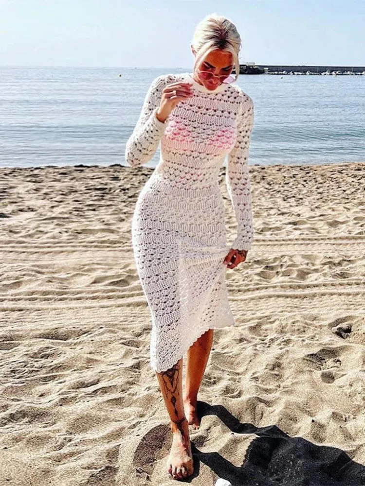 Sexy Hollow Out Backless Knitted Dress Fashion Women Long Sleeve Lace Up Mix Dresses 2023 Female Elegant Beach Holiday Robes