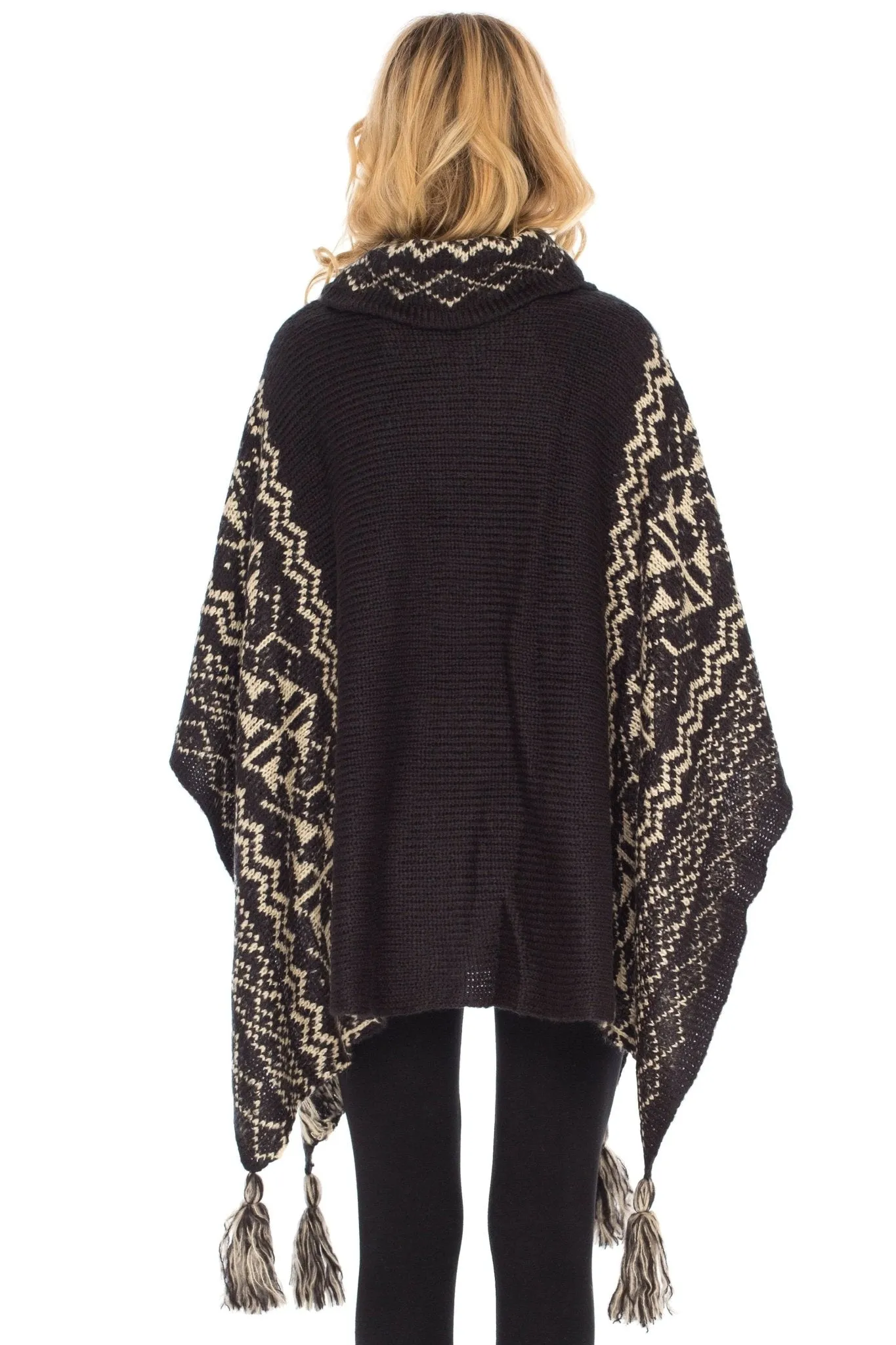 SHU-SHI Women's Knit Poncho | Oversized Cowl Neck Boho Shawl with Tassels | Pullover Sweater Cape