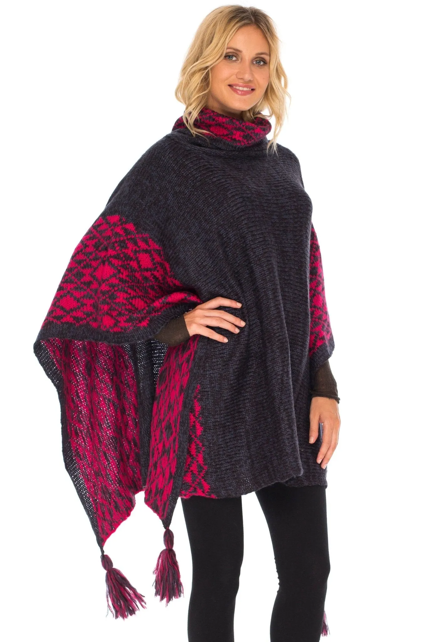 SHU-SHI Women's Knit Poncho | Oversized Cowl Neck Boho Shawl with Tassels | Pullover Sweater Cape