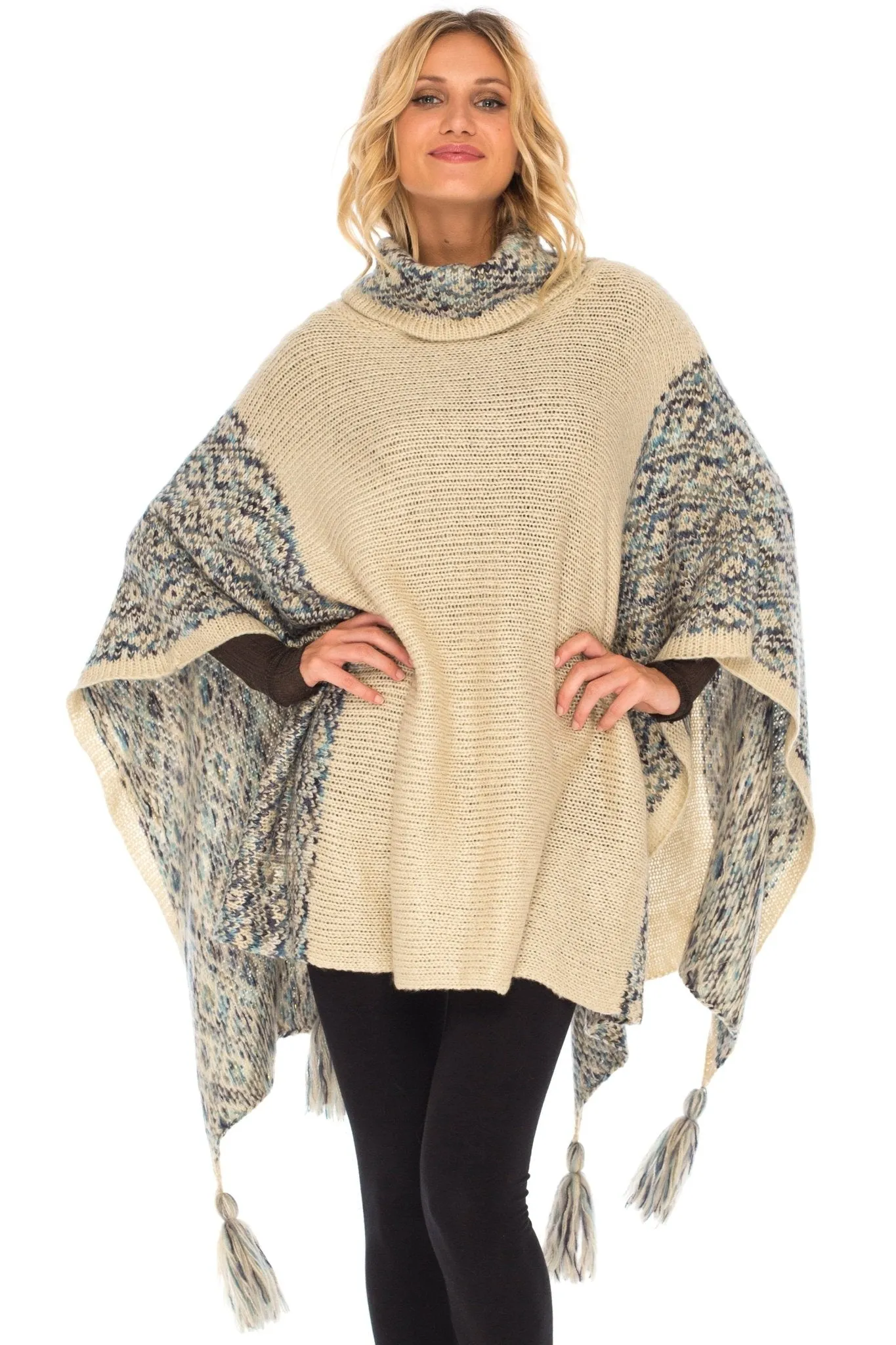 SHU-SHI Women's Knit Poncho | Oversized Cowl Neck Boho Shawl with Tassels | Pullover Sweater Cape