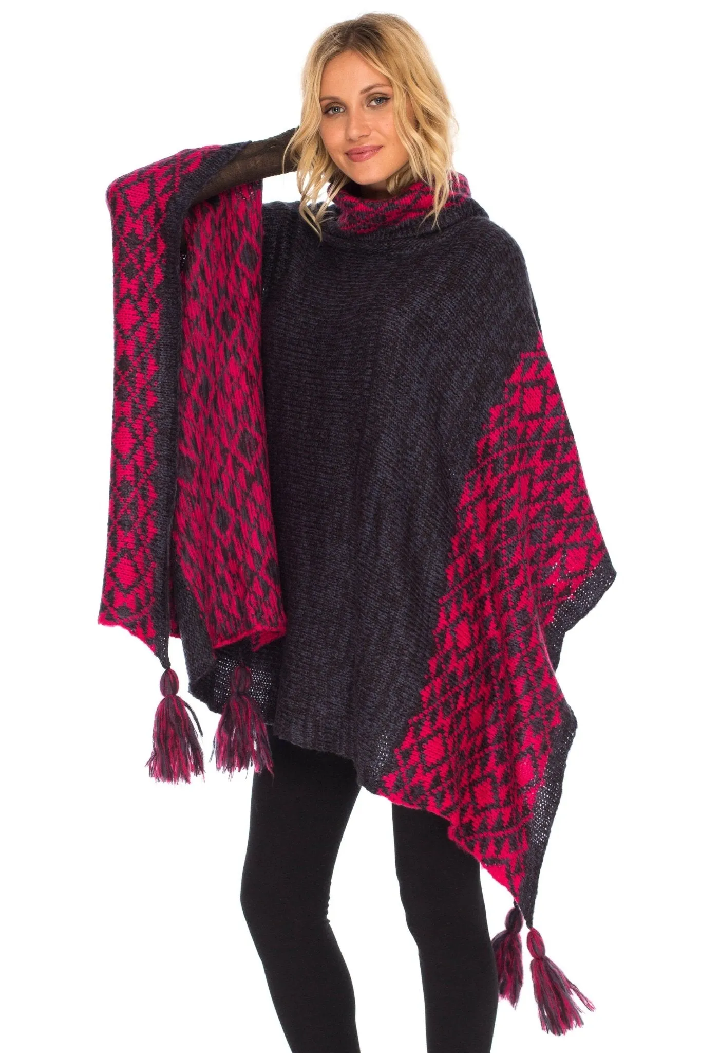 SHU-SHI Women's Knit Poncho | Oversized Cowl Neck Boho Shawl with Tassels | Pullover Sweater Cape