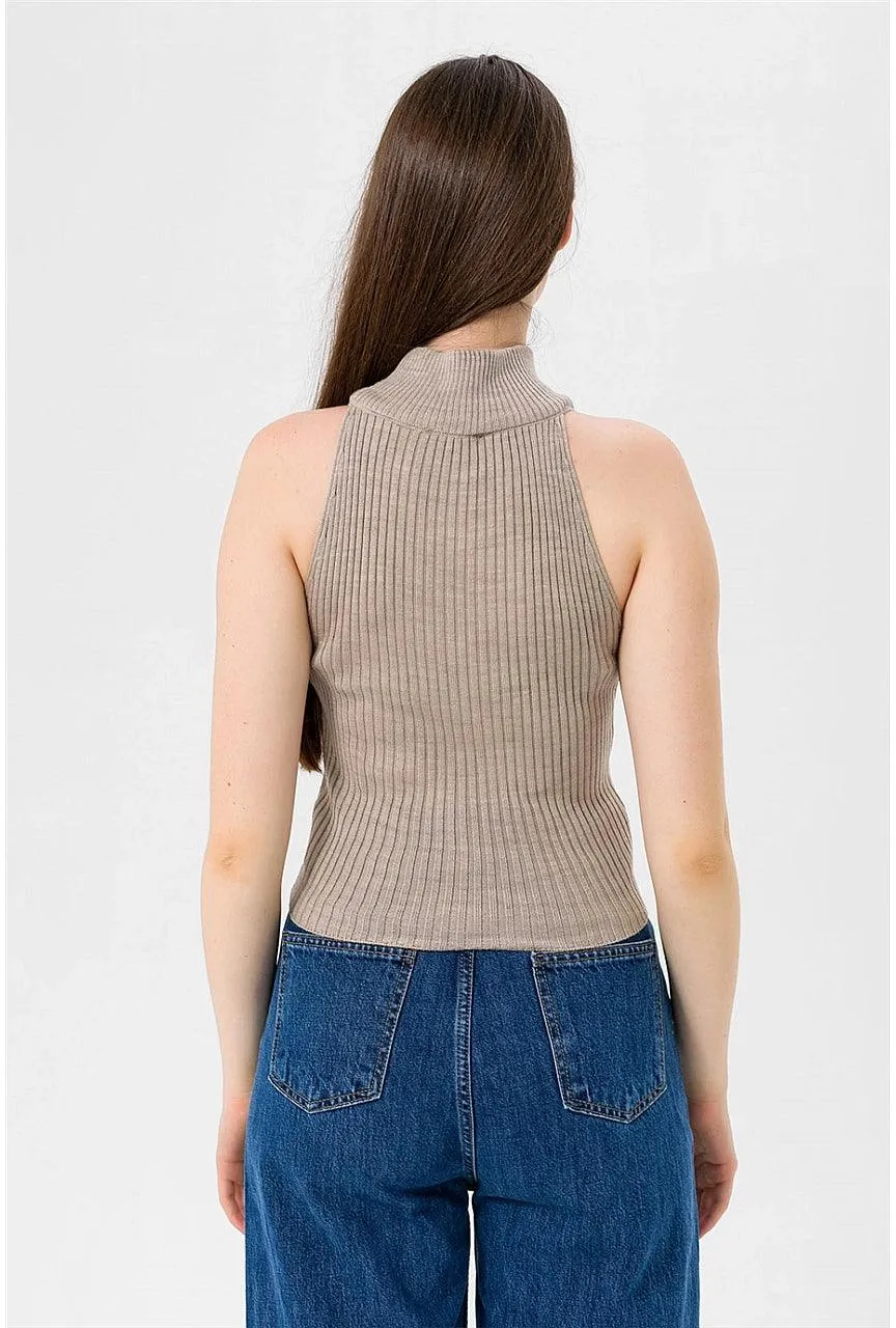 Sleeveless Mock Turtleneck Ribbed Knit Tank Top - Stone Grey | Slim Fit Crop Top for Stylish Layering