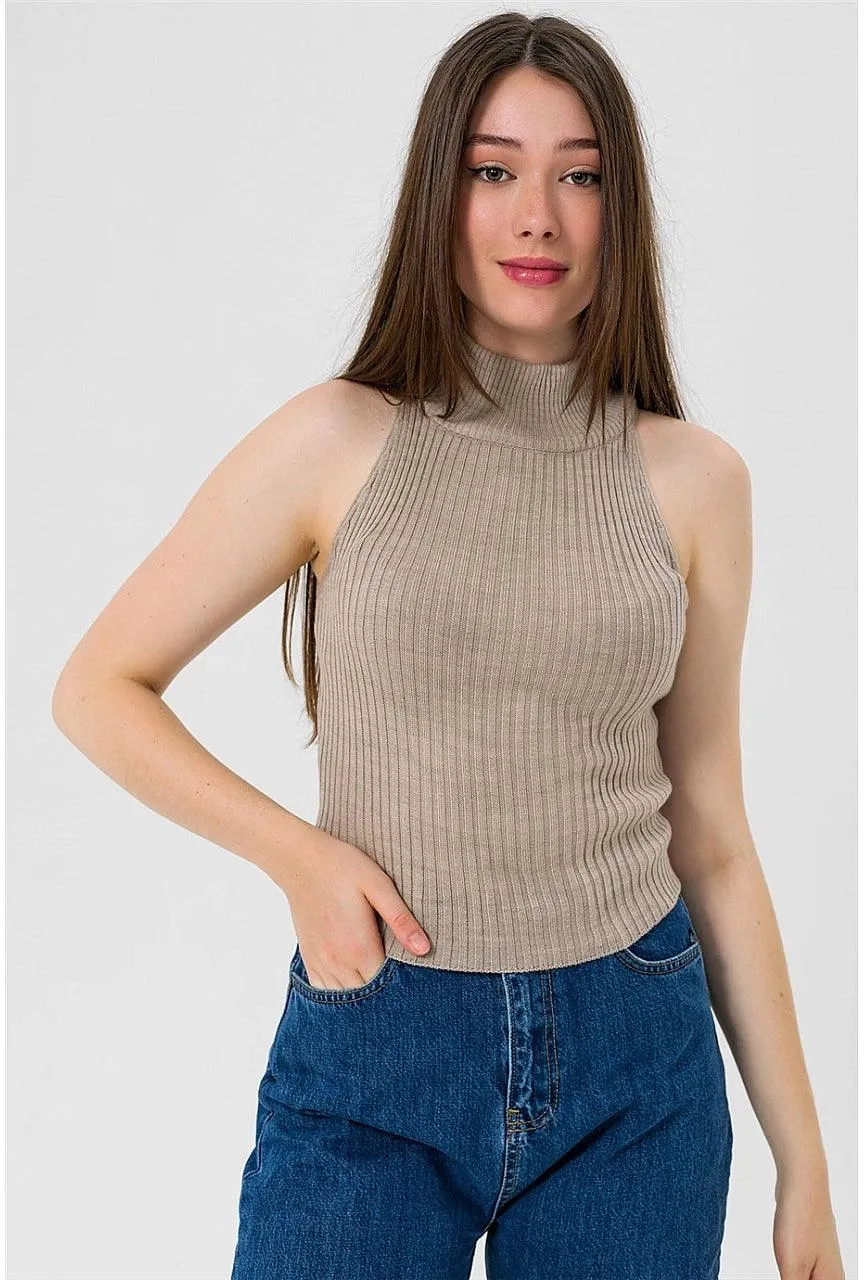 Sleeveless Mock Turtleneck Ribbed Knit Tank Top - Stone Grey | Slim Fit Crop Top for Stylish Layering