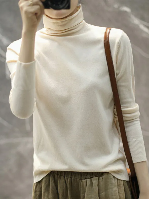 Solid Color Heaps Collar Long Sleeve Knitwear Tops