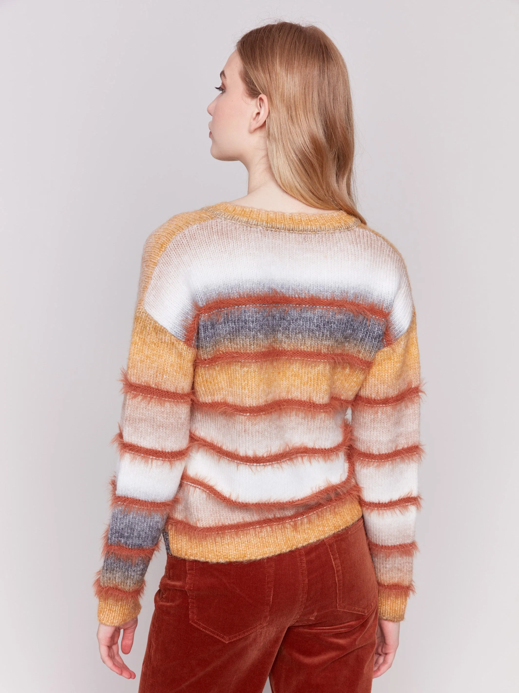 Space Dye Sweater with Striped Eyelash Yarn - Amber