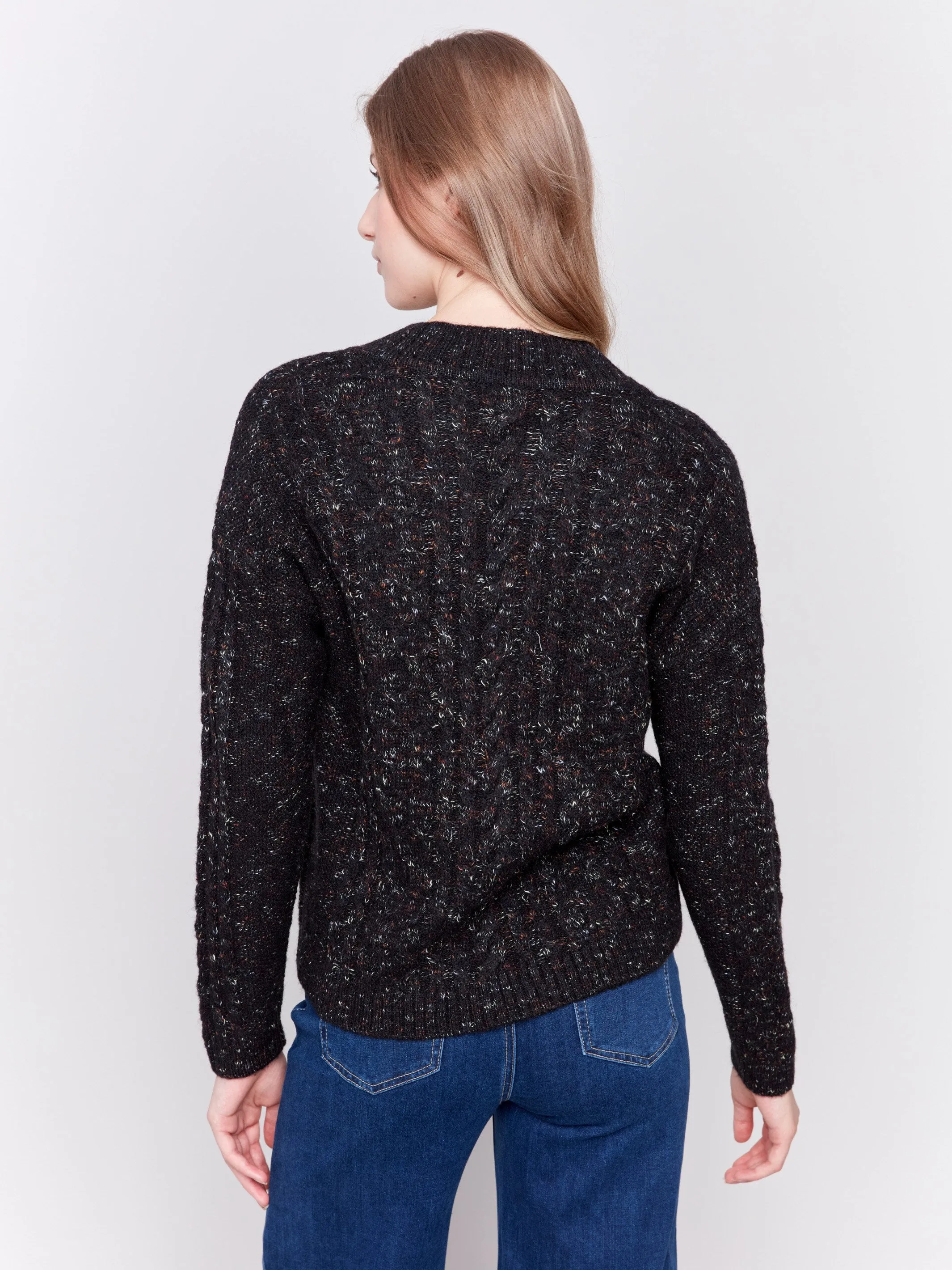 Speckled Yarn Cable Knit Sweater - Black