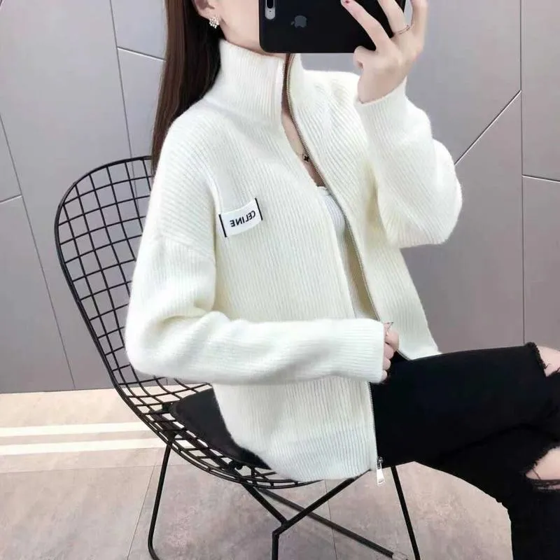 Stand-Up Collar Cropped Cardigan Solid Color Knitted Loose Fit Zipper Lazy Cardigan