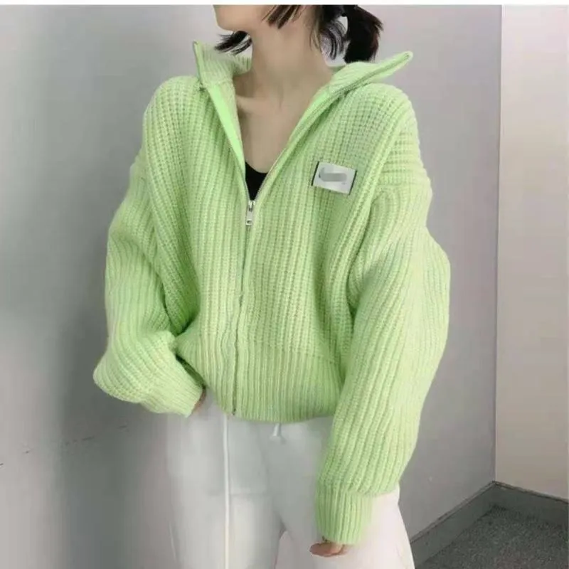 Stand-Up Collar Cropped Cardigan Solid Color Knitted Loose Fit Zipper Lazy Cardigan