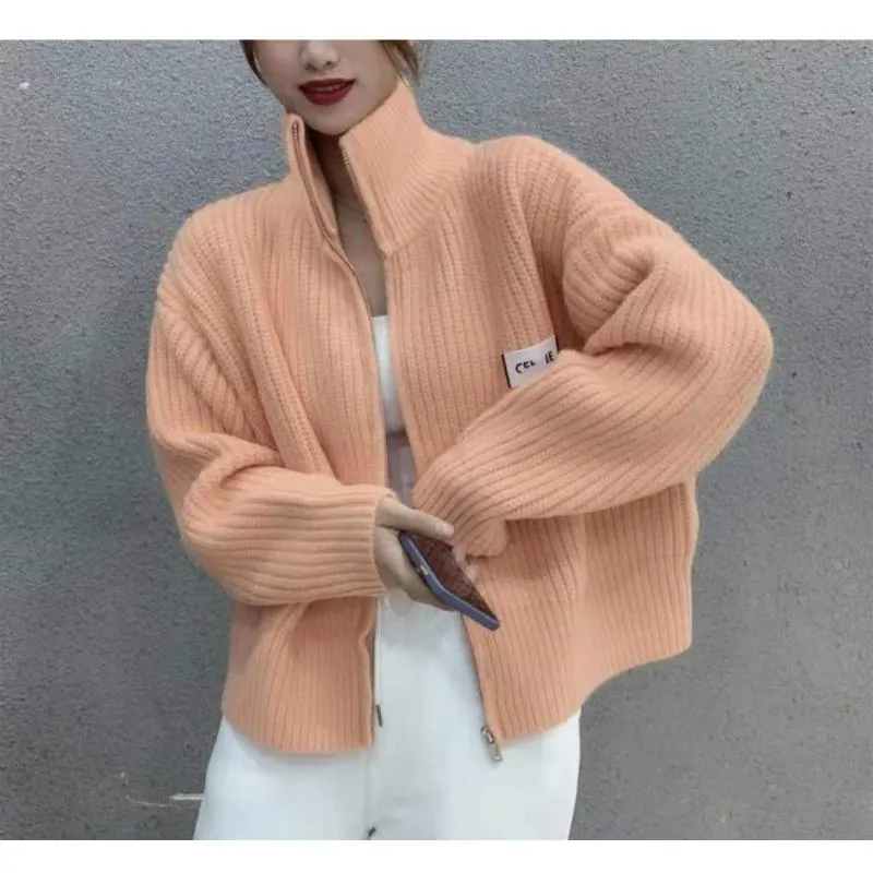 Stand-Up Collar Cropped Cardigan Solid Color Knitted Loose Fit Zipper Lazy Cardigan