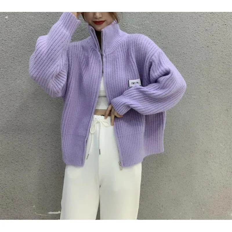 Stand-Up Collar Cropped Cardigan Solid Color Knitted Loose Fit Zipper Lazy Cardigan