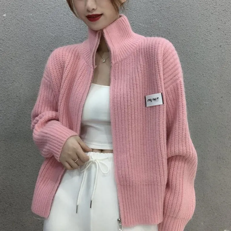 Stand-Up Collar Cropped Cardigan Solid Color Knitted Loose Fit Zipper Lazy Cardigan