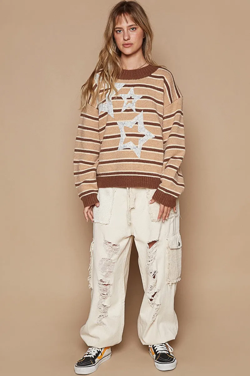 Star Patch Stripe Round Neck Sweater