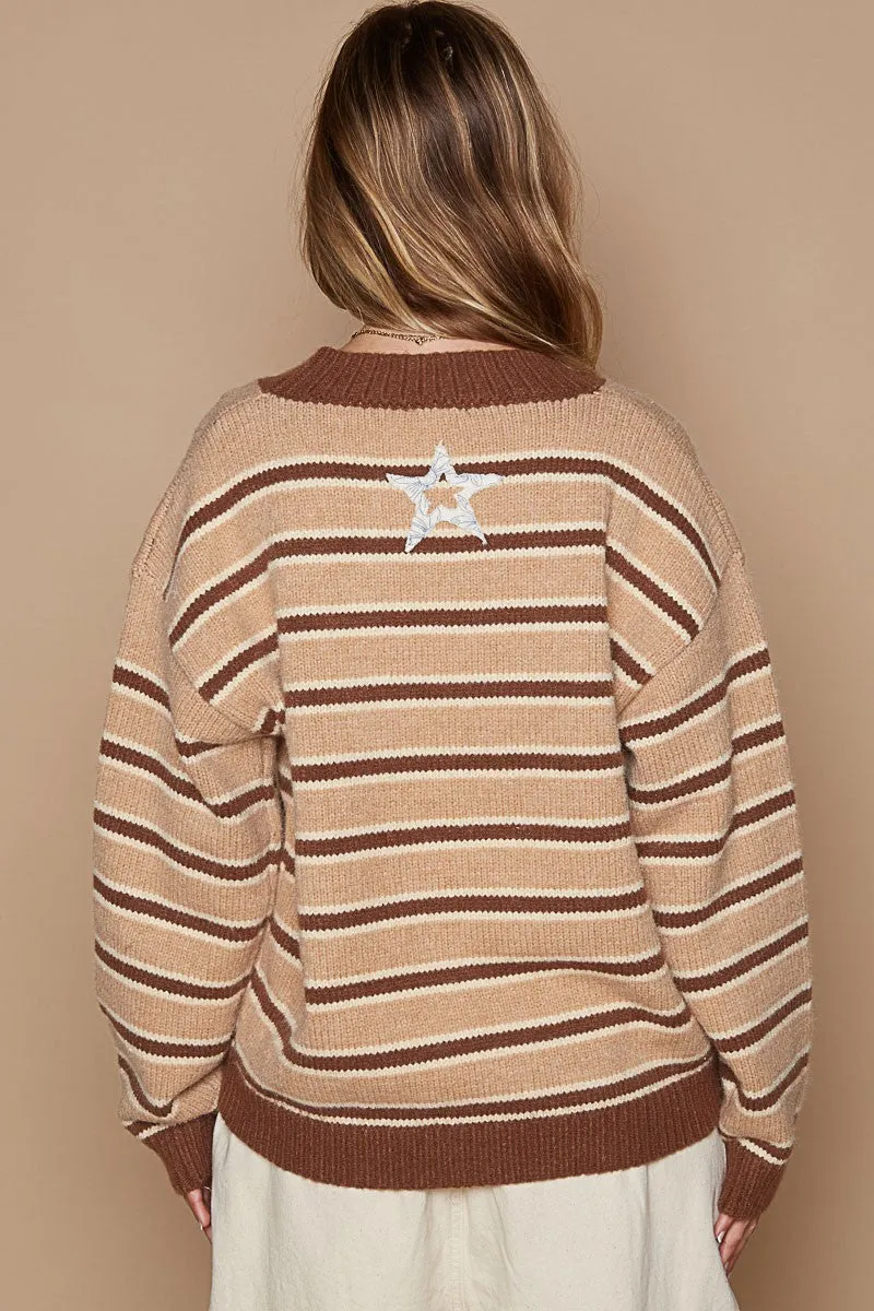 Star Patch Stripe Round Neck Sweater